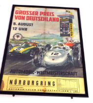 A mid century Nurburgring motor racing poster, 5th August, 84cm x 58cm, framed and glazed.