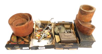 Various leather reels, pumps, hammered Eastern box, oil lamp, vintage foot pumps, chain, Greyfriars