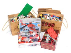 Lego and other building blocks, including Lego in two wooden crates, Mega Blocks Pro Builder Mountai