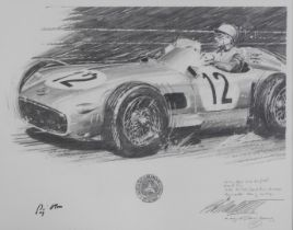Nicholas Watts (b.1947). Stirling Moss winning his first Grand Prix in 1955, signed pencil drawing,
