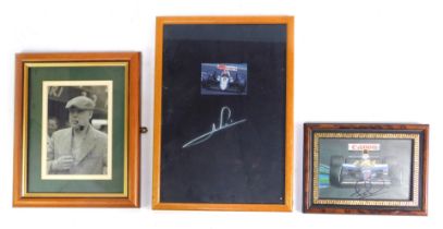 Signed framed pictures, including Mike Hawthorn, Mario Andretti, and Nigel Mansell. (3)