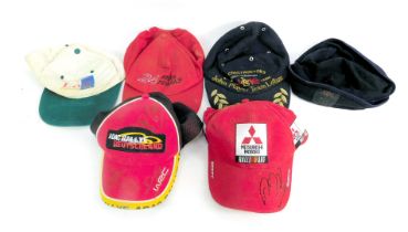 Various signed and unsigned hats, including a Scott USA Mitsubishi Motors rally art cap signed by Co