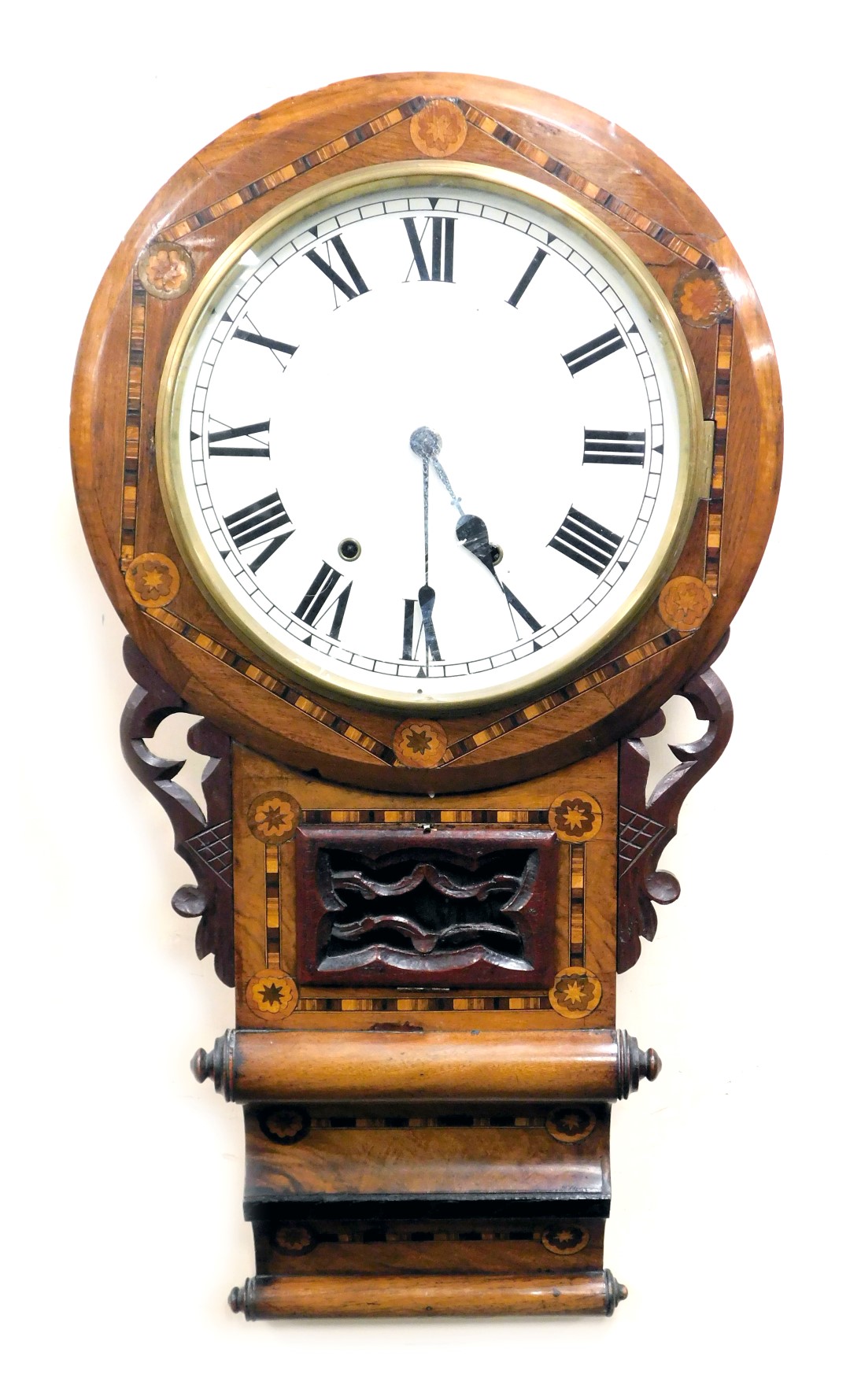 A late 19thC American walnut and inlaid drop dial wall clock, the circular dial bearing Roman numera