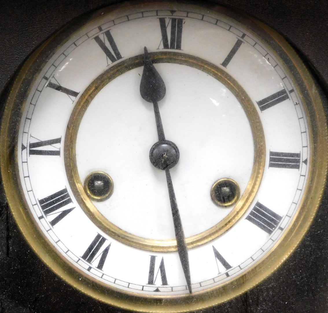 A late 19thC oak cased Vienna wall clock, circular enamel dial with chapter ring bearing Roman nume - Image 2 of 3