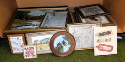 Pictures and prints, to include maps, landscapes, small embroideries. (10, 1 shelf)