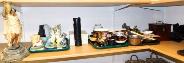 Copper pans including a saute' pan and other metalware, small mahogany lidded box and ceramics. (3