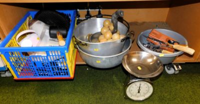 A quantity of kitchenailia including cooking vessels scales etc.. (1 box and loose)