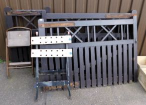 A pair of garden driveway gates, a two tier footstool and a workmate bench.