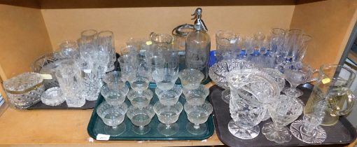 Glassware, to include cut glass tumblers, wine glasses, vase, jug, large soda siphon. (5 trays)