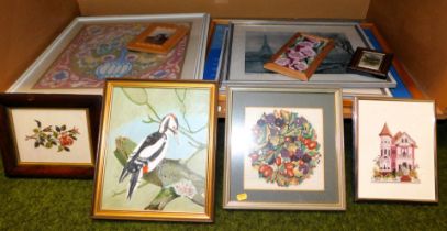 Pictures and prints, mostly embroidery, bird scene, and landscape. (8, 1 shelf)