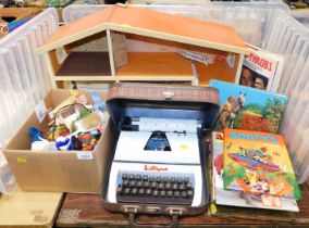 A doll's house, a quantity of doll's furniture, a Liliput typewriter and Heart Throb magazines, etc.