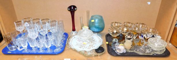 Coloured glasswares, champagne glasses, ornaments, small sherry glasses, wine glasses. (2 trays and