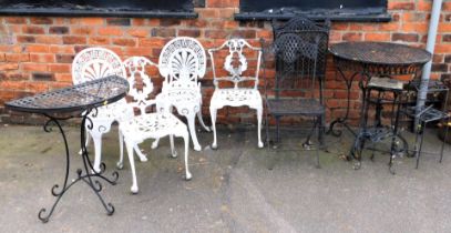 A demi lune metal garden table, two pairs of white painted metal garden chairs, four folding garden