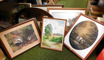 Various pictures, prints, oval oak framed wall mirror, landscape studies, etc. (a quantity)
