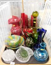 Coloured glassware, to include a cranberry coloured glass jug, 23cm high, olive green moulded glass