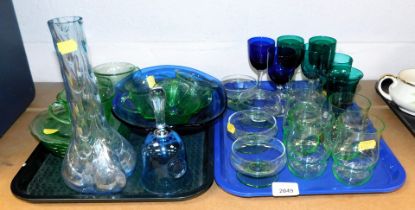 Coloured glassware, to include Victorian green wine glasses, blue wine glasses, vase, etc. (2 trays)