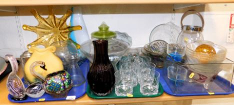 Decorative glassware, tumblers, swan models, dishes, jelly mould, etc. (3 trays and loose)