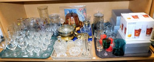 Metalware and glassware, to include cut glass items, dressing table set, drinking glasses, vases, et