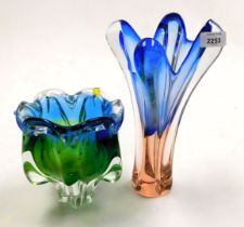 Art Glass comprising of a vase and a bowl on a single stem base. (2)