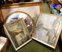 Three framed prints Landscapes and interior scenes and a gilt framed mirror.