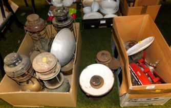 Miscellaneous items, to include oil lamps, scales, fire irons, etc. (2 boxes and loose)