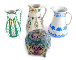 Four items of Drabware, comprising a green and wheat sheaf moulded jug, 21cm high, Art Deco style wh