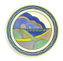 A Poole pottery cabinet plate, with blue, yellow and green painted decoration, stamped to underside,