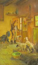 T Mhaf (20thC School). Huntsman with dogs, interior cottage scene, oil on canvas, signed and inscrib