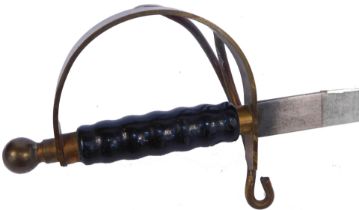 A pair of ABC Birmingham swords, each with an ebonised grip and brass basket hilts, 94cm long.