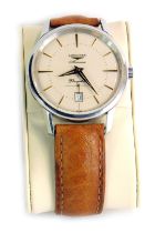 A Longines flagship automatic gent's wristwatch, in a stainless steel case with a cream coloured dia