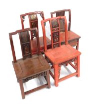 Red lacquered Chinese furniture, comprising a pair of chairs, and two side tables.