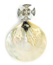 A Jones and Willis Victorian white metal and mother of pearl Baptismal shell, the embossed cross top