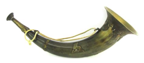 A horn and brass mounted hunting horn, with applied stag motif, 32cm long.