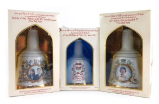 Three Bell's Scotch whisky decanters, to commemorate the 60th Birthday of Elizabeth II 1986, Marriag