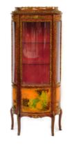 A 20thC Vernis Martin style mahogany vitrine, with bowed front having a single door enclosing two gl