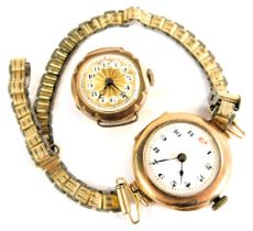 Two wristwatch heads, comprising a 9ct gold cased wristwatch head with a white enamel numeric moveme