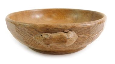 A Robert 'Mouseman' Thompson of Kilburn bowl, with carved mouse to outer border, 15.5cm diameter.