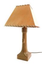 A Robert 'Mouseman' Thompson of Kilburn table lamp, with tapering column carved with mouse, on squar