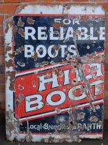 An enamel sign, for Reliable Boots, Hilt Boot branding, in black, white and red, 102cm x 73cm. (AF)