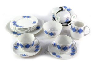 A Shelley blue Harlequin pattern part tea service, comprising six tea cups and saucers, cake plates,