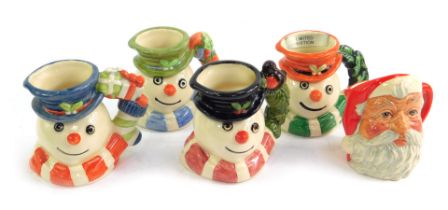 Five Royal Doulton miniature jugs, comprising Santa Claus D6706, Christmas Stocking Snowman, Christm