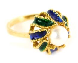 An enamel dress ring, with central cultured pearl, with raised twist blue and green enamel, on a yel