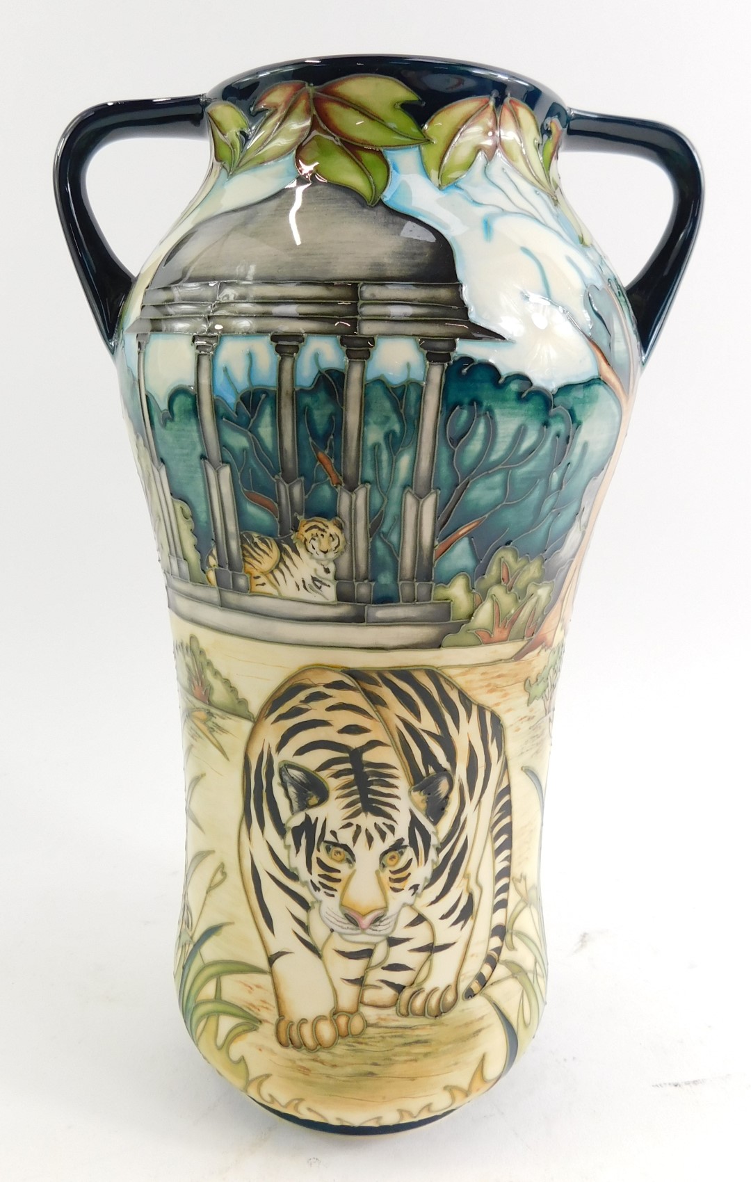 A Moorcroft pottery two handled vase, tube line decorated with tigers, buildings etc., limited editi - Image 2 of 4