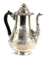 A 19thC silver plated teapot, with an ebonised handle and acanthus leaf knop, and scroll and shell c