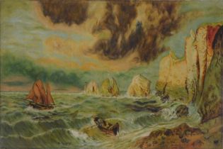 Early 20thC School. Figures in fishing boat in rocky waters, oil on canvas, signed A Dinning 1909, 5
