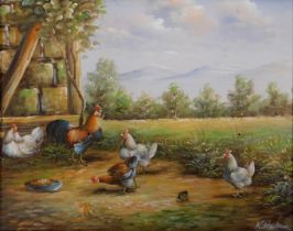K Wender (20thC School). Hens feeding, oil on canvas, signed, 19cm x 23cm, in gilt frame.