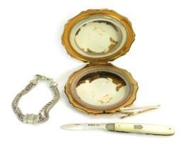 A group of assorted costume jewellery, comprising a mother of pearl and silver bladed penknife, moth