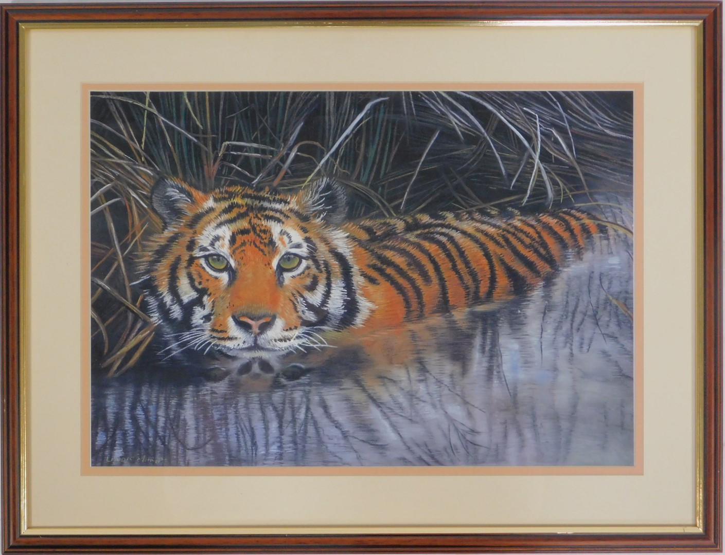 After Lindis Maria Colam (20thC). Siberian tiger in river, giclee print, 28cm x 39cm, framed and gla - Image 2 of 3
