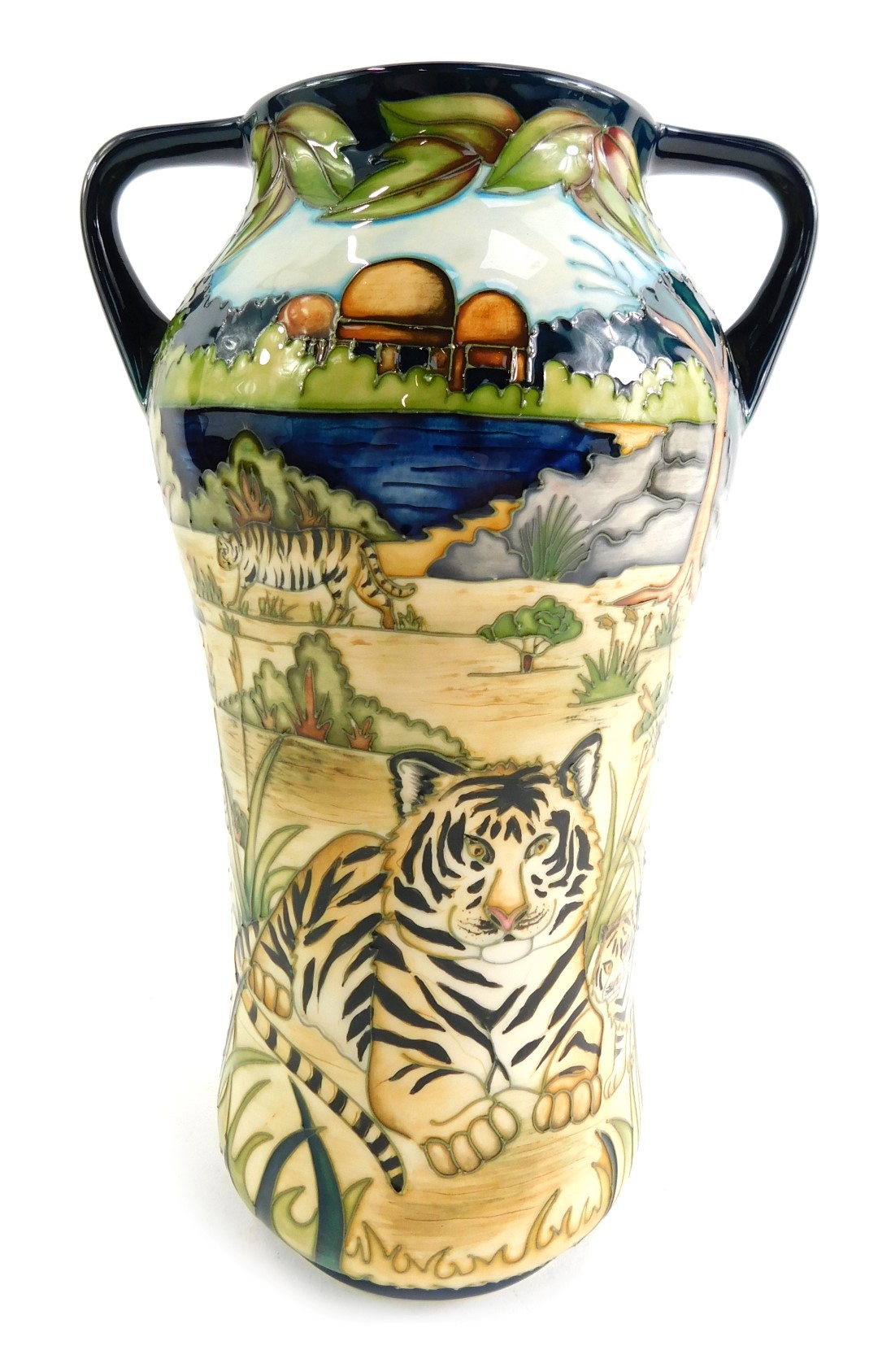 A Moorcroft pottery two handled vase, tube line decorated with tigers, buildings etc., limited editi
