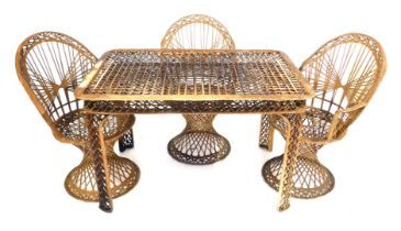 A rectangular metal rattan effect conservatory or restaurant table, 75cm high, the top 82cm x 124cm.